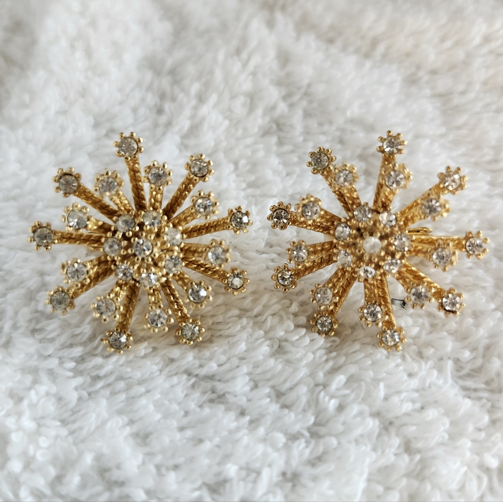 👉*VINTAGE* STARBURST RHINESTONE CRYSTAL & GOLD-TONE CLIP-ON EARRINGS